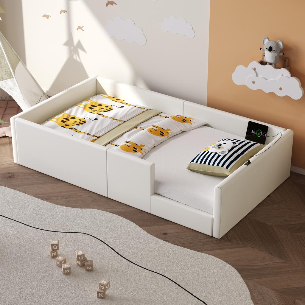 90X200 Upholstered Platform Bed with Protective Guardrail and Charging Station, White