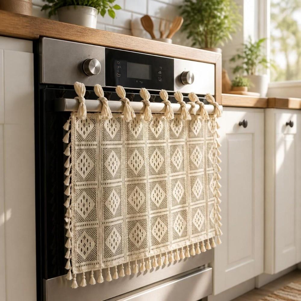 Lace Oven Door Curtain Tassels Kitchen Cabinet Curtains No Drill Stove Decor Valance Kitchen Decor