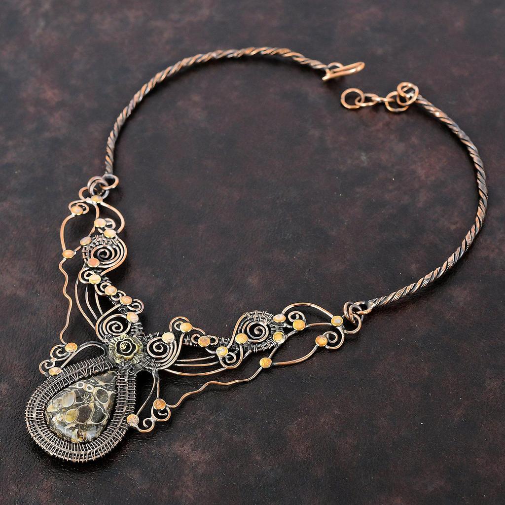 Ожерелье из агата Turritella, ожерелье из медной проволоки, ожерелье с драгоценными камнями, регулируемое ожерелье, ювелирные изделия ручной работы, ожерелье из медной проволоки, подарок для мамы