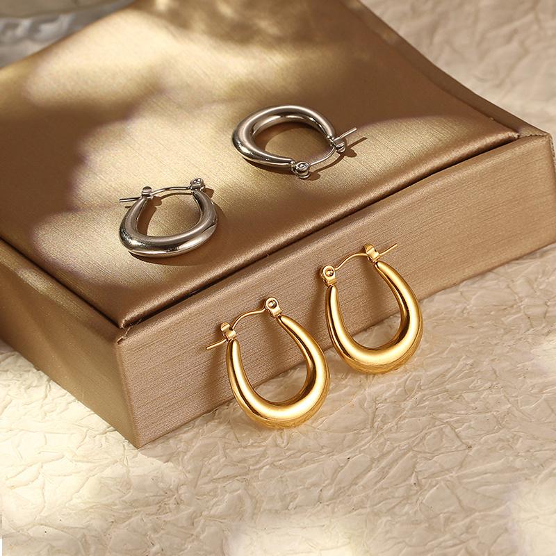 Fashion Smooth Oval Hoop Earrings For Women Stainless Steel U Shape Ear Buckle Huggie Earrings Vintage Zircon Gold Copper Color