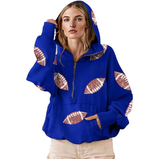 Женская толстовка с капюшоном, худи оверсайз на молнии до середины, с принтом регби с пайетками, осенний повседневный пуловер с карманами