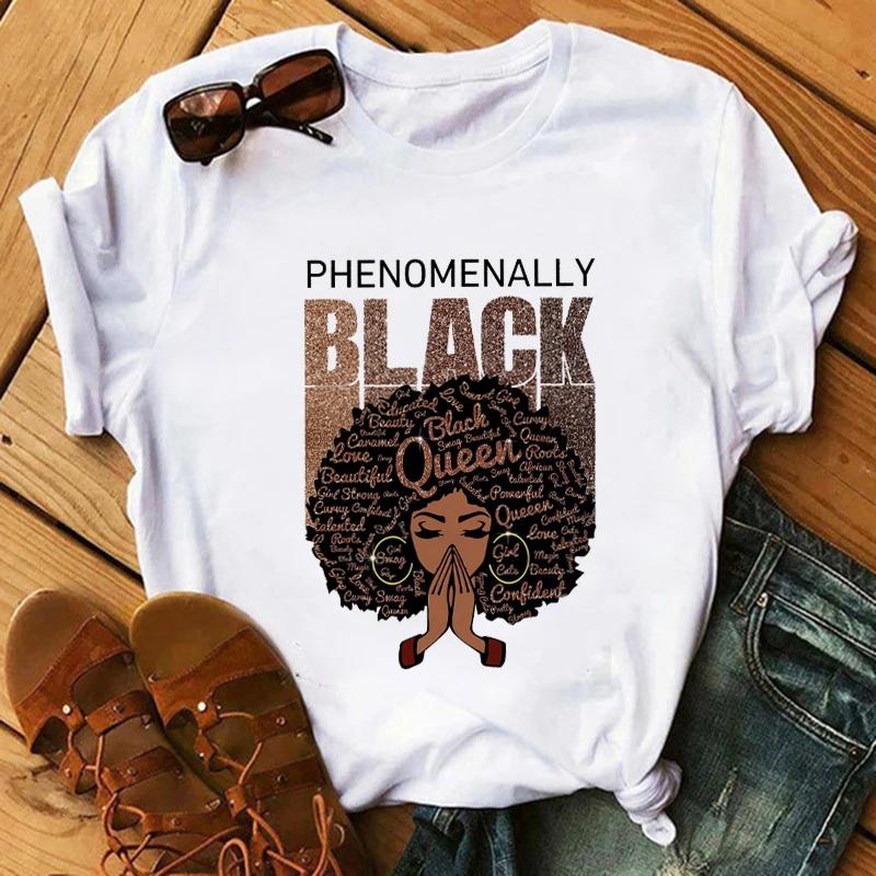 Футболка с модным принтом Kawaii Melanin T Shirt Women Funny Black African Curvy Hair Girl Graphic Tees Aesthetic T Shirt Female Unisex