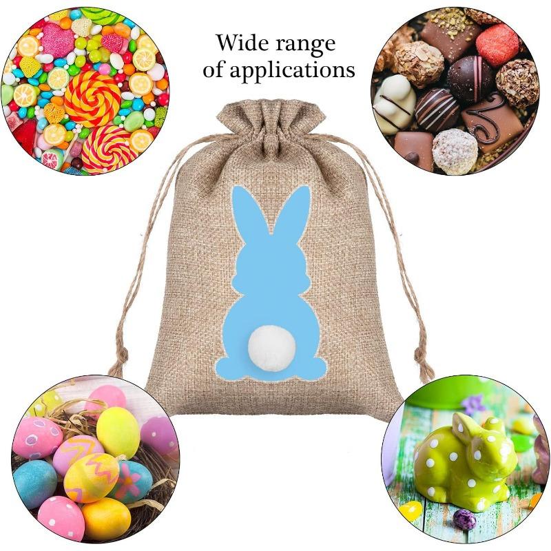 18pcs Bunny Durable Burlap Gift Bags Gift Wrap Drawstring for Easter Candy with Twine Present Pouches Easter Party Favors