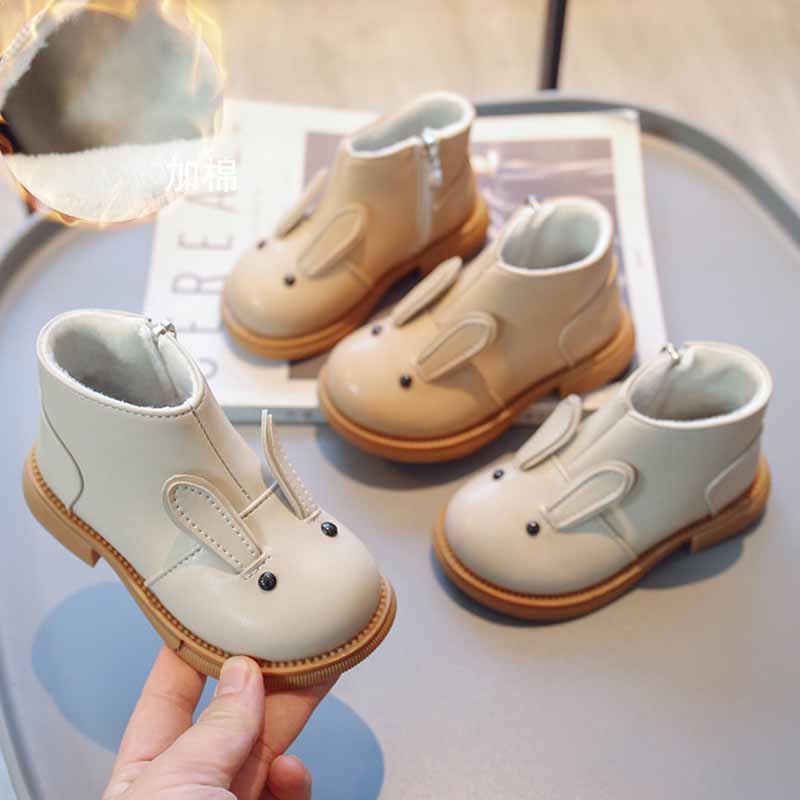 Осенне-зимние сапоги для девочек, детские ботинки принцессы с милым кроликом, нескользящая уличная обувь для малышей, теплые кашемировые сапоги для детей