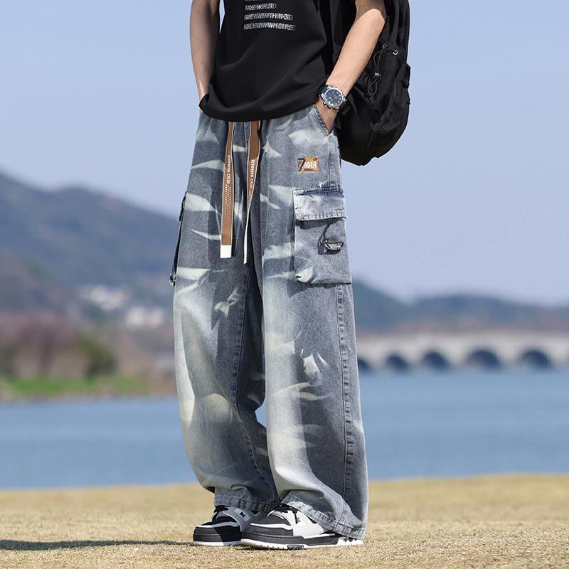 Spring Autumn Men Jeans Streetwear Straight Denim Pants Hip Hop Drawstring Trousers Male Big Pockets Clothing