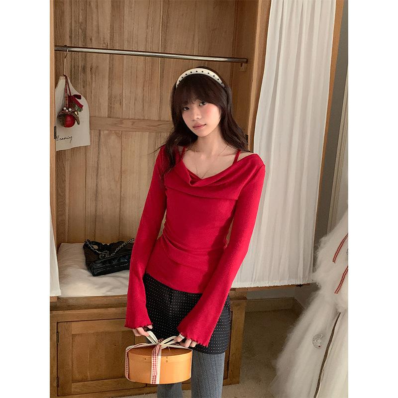 Pure Desire One-shoulder Exposed Collarbone Long-sleeved T-shirt Women's Autumn and Winter New Christmas and New Year Red Inner Bottoming Waist Top
