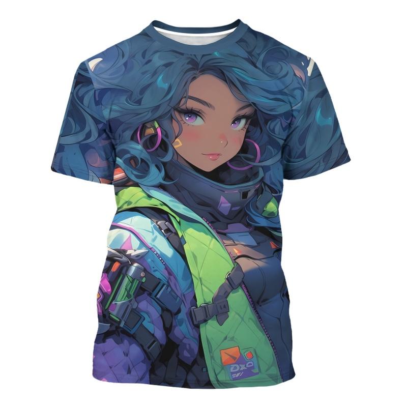 Cute Cool Girl Pattern T Shirt For Personalized Fashion Printed Short Sleeve Tops Summer Casual Round Neck Loose Tees