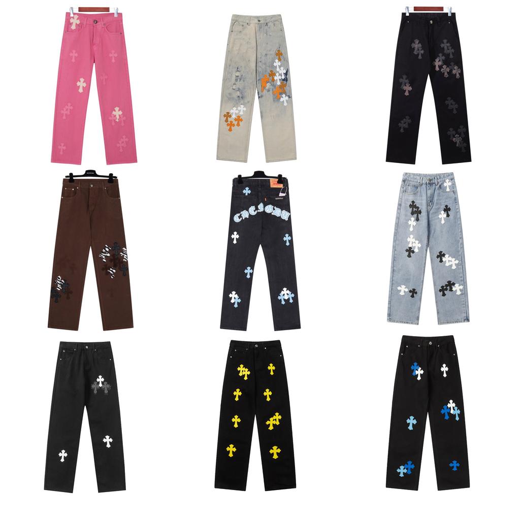 Унисекс Джинсы из выстиранного денима с кожаным ярлыком Cro Cross - Парный уличный стиль Свободный крой Длинные брюки