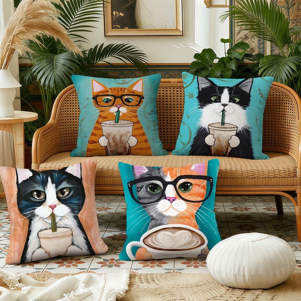 Cartoon Iced Coffee Cat cushion cover Plush Fabric Soft Double Sided Print Sofa Cushion Cover Throw Pillow Covers