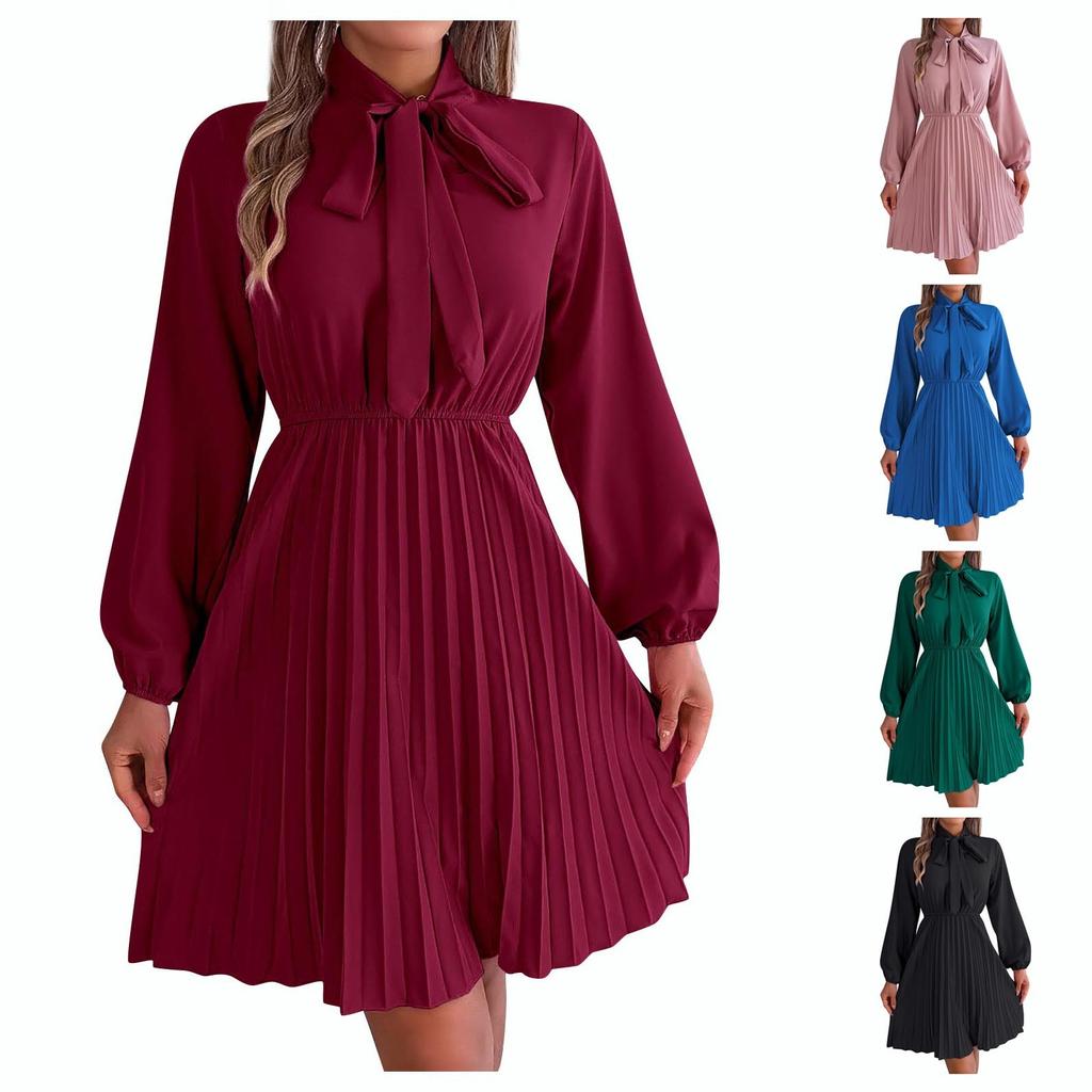 Женская осенне-зимняя плиссированная юбка с длинными рукавами и завязками на талии.