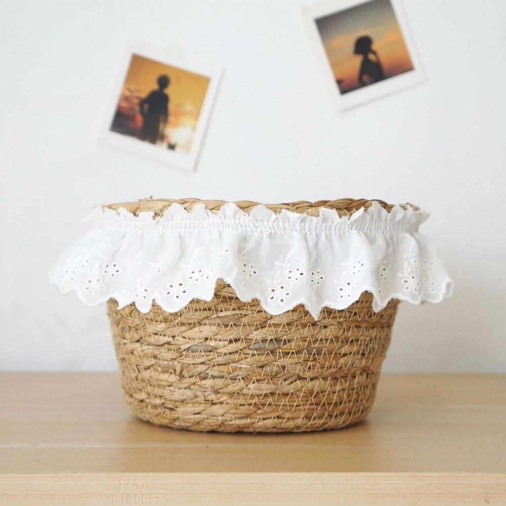 Woven Sundries Storage Box with Lace Trim Organizer Basket Desktop Storage Basket Bedroom
