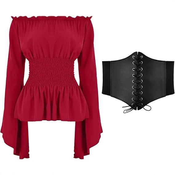 Женский красный топ в стиле Ренессанс с открытыми плечами и черным корсетом на шнуровке
