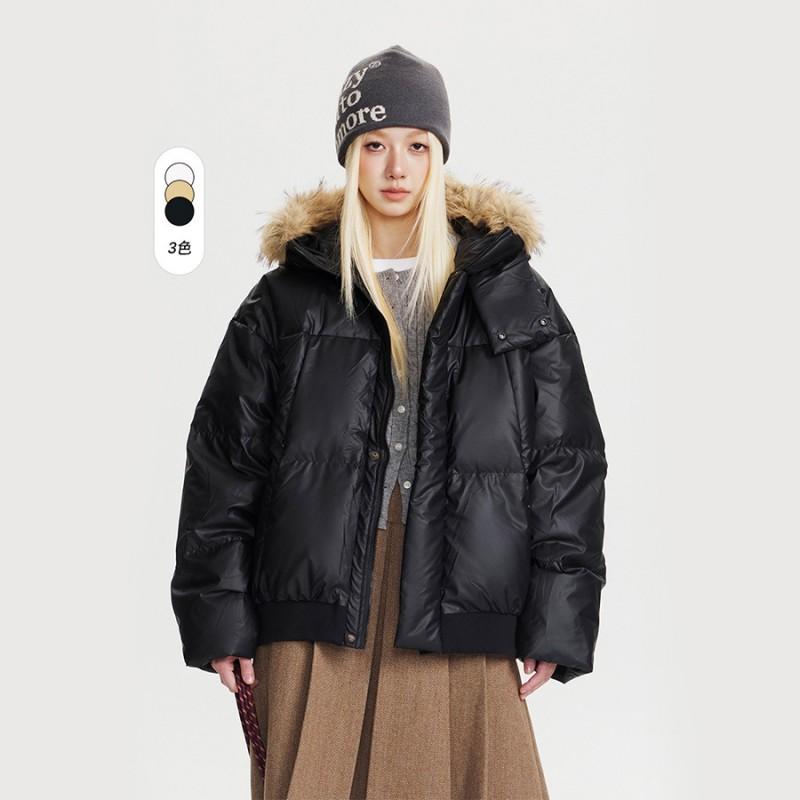 Mens Womens Warm Winter Hooded Puffer Jacket With Faux Fur Collar 85-90% White Duck Down 100-150g Fill Loose Fit US Retro
