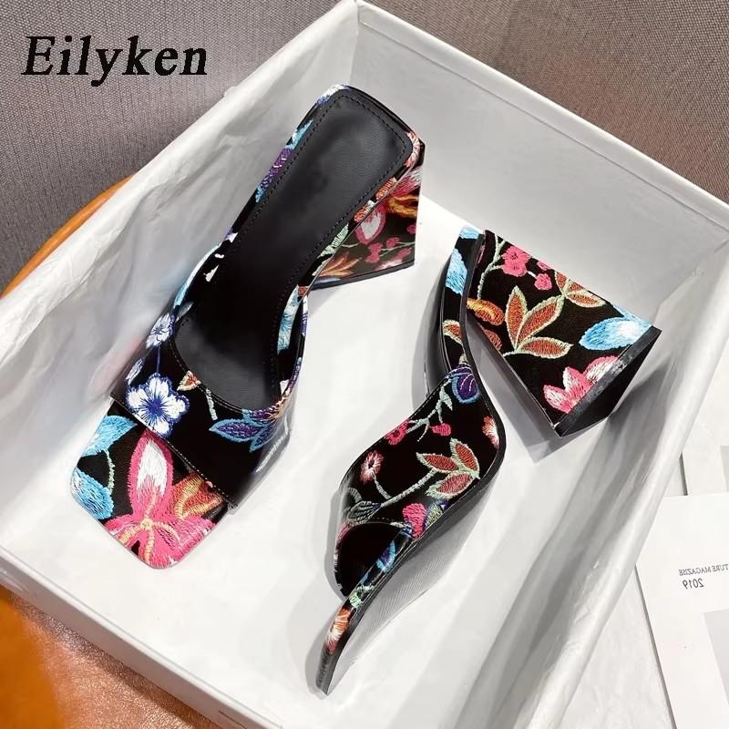Eilyken 2025 Новое поступление Летние шелковые шлепанцы на треугольном квадратном каблуке, сексуальные женские туфли-слайды для вечеринки с квадратным носком