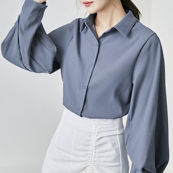 Women Shirt Lapel Lantern Long Sleeve Single Breasted Shirt Tops Solid Color Loose Fit Work Casual Daily Tops