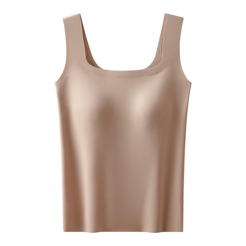 Женская бесшовная майка из шелка Ice Silk с нагрудными вкладышами и квадратным воротником — без бюстгальтера, красивый дизайн спины