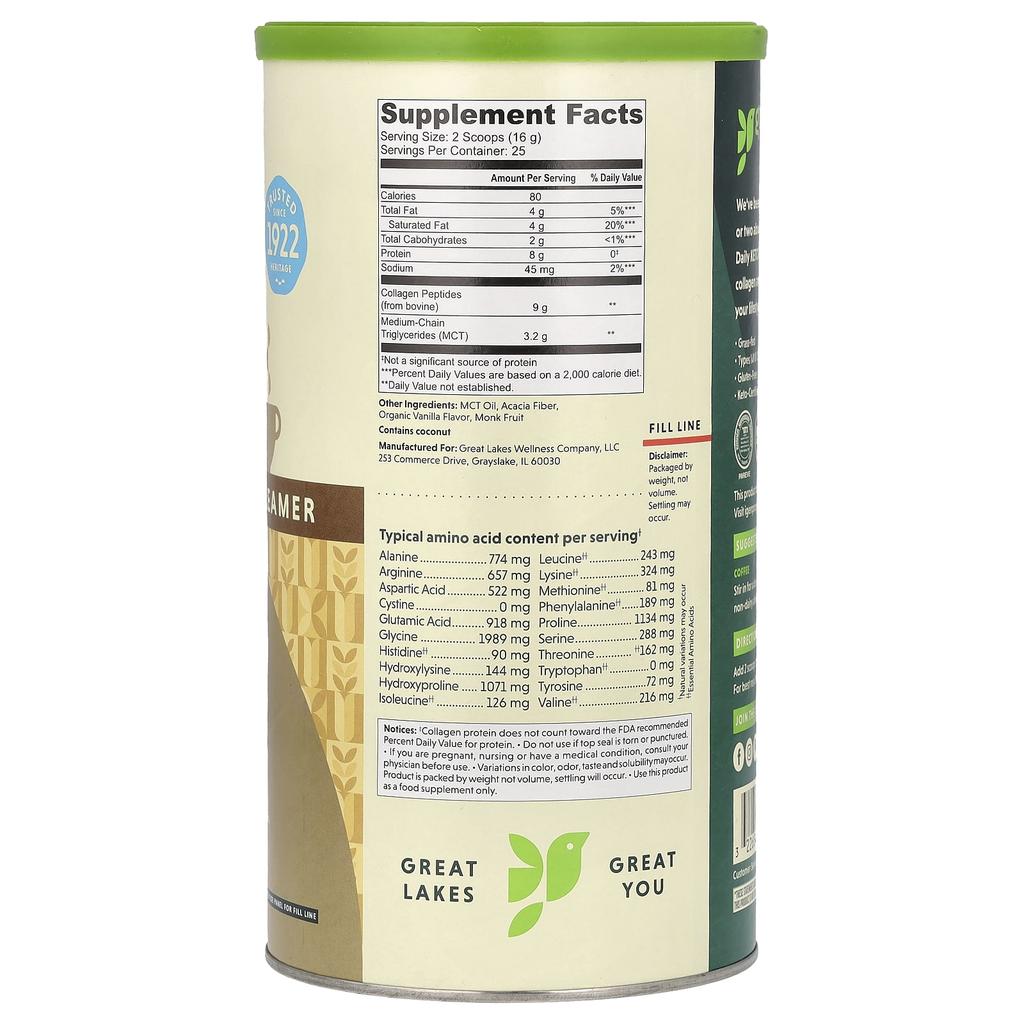 Great Lakes Wellness, Ежедневный кето-коллаген, Немолочный сливки, Ванильный вкус, 14,1 унции (400 г)
