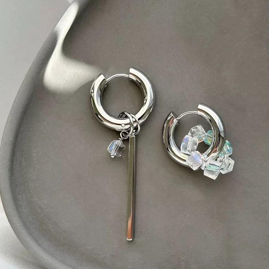 Geometric Long Asymmetrical Earrings Transparent White Square Crystal Bead Metal Jewelry