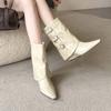 Autumn and winter new pointed wedge inner temperament French fashion belt buckle trousers short boots