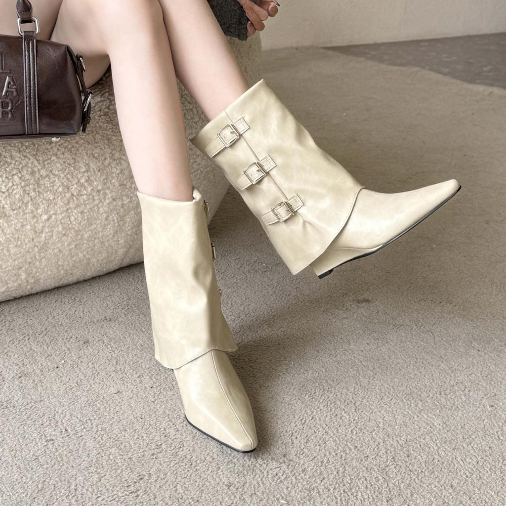 Autumn and winter new pointed wedge inner temperament French fashion belt buckle trousers short boots