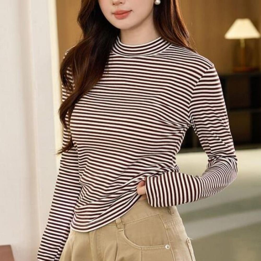 Navava Women S STripe Half Polo Long Sleeve T ShirT nT3001