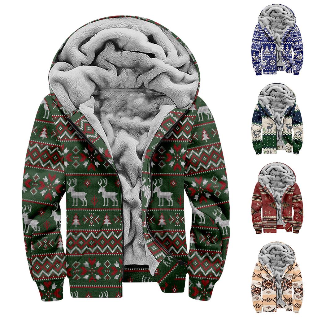 Men's Personalized Casual Printing Long Sleeve Zipper Sweater Thick Cotton Suit Winter
