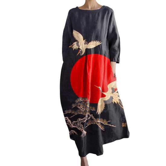 Женское платье трапециевидной формы с цветочным принтом, большим подолом, длинными рукавами, свободный круглый вырез и боковые карманы, плиссированное повседневное платье макси до щиколотки