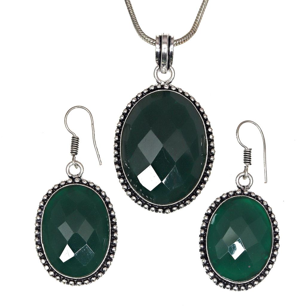 Onyx Green Pendant Set Earrings Jewelry Gemstone Handmade Ethnic