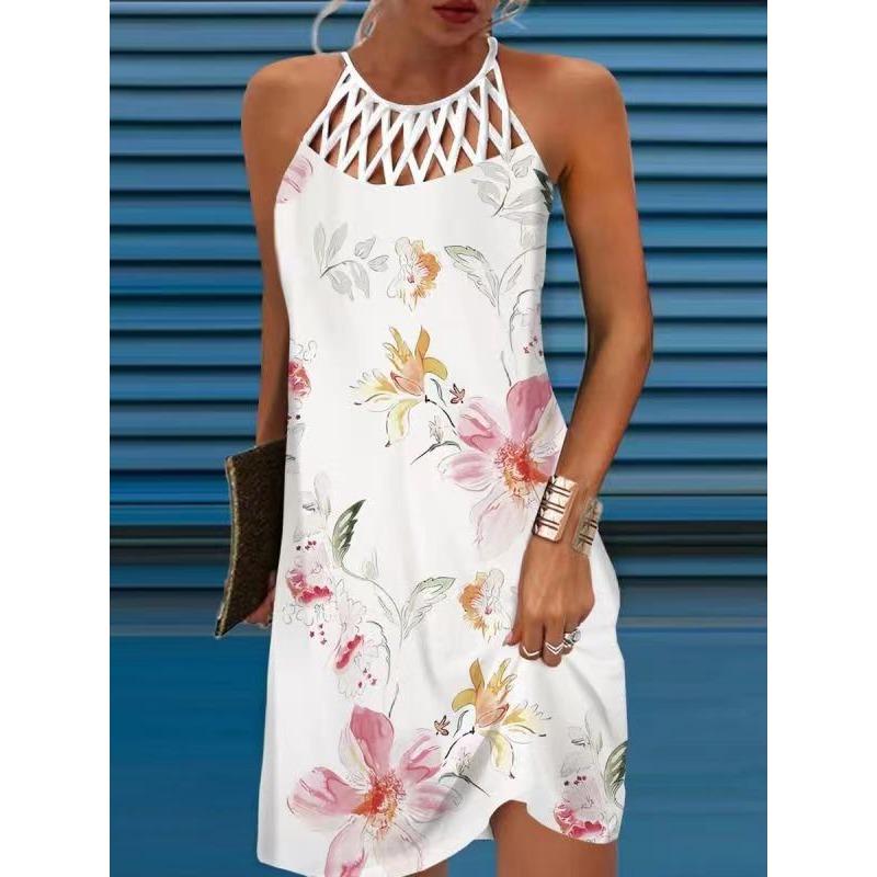 GMXIA National Style Positioning Print Mesh with Sleeveless Casual Dress for Women