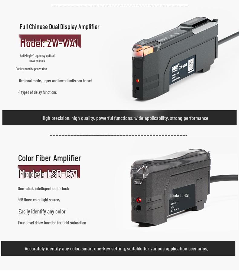 Metal Sheathed Fiber Optic Sensor Amplifier with Right Angle Elbow and Extended Reflective Through-Beam Cable