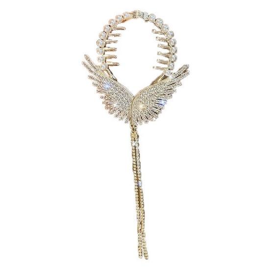 Lady Ponytail Claw Wings Shape Shiny Rhinestone Faux Pearl Long Tassel Multi Teeth Stainless Hair Decoration Lightweight Bridal Hair Bun Hair