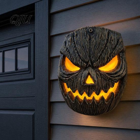 Wall Mountable Pumpkin Decor Face Figurine, Mounted Tree Statue, Easy Install Spooky Resin Hugger for Outdoor Yard, Festive Halloween Mask