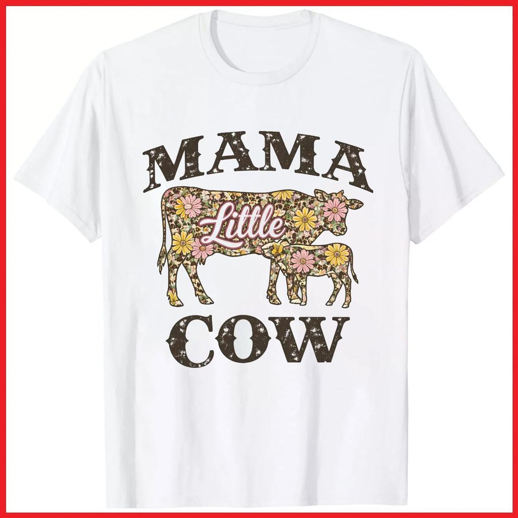 Western Mama Cow Floral Leopard White Cotton T-Shirt S-5XL