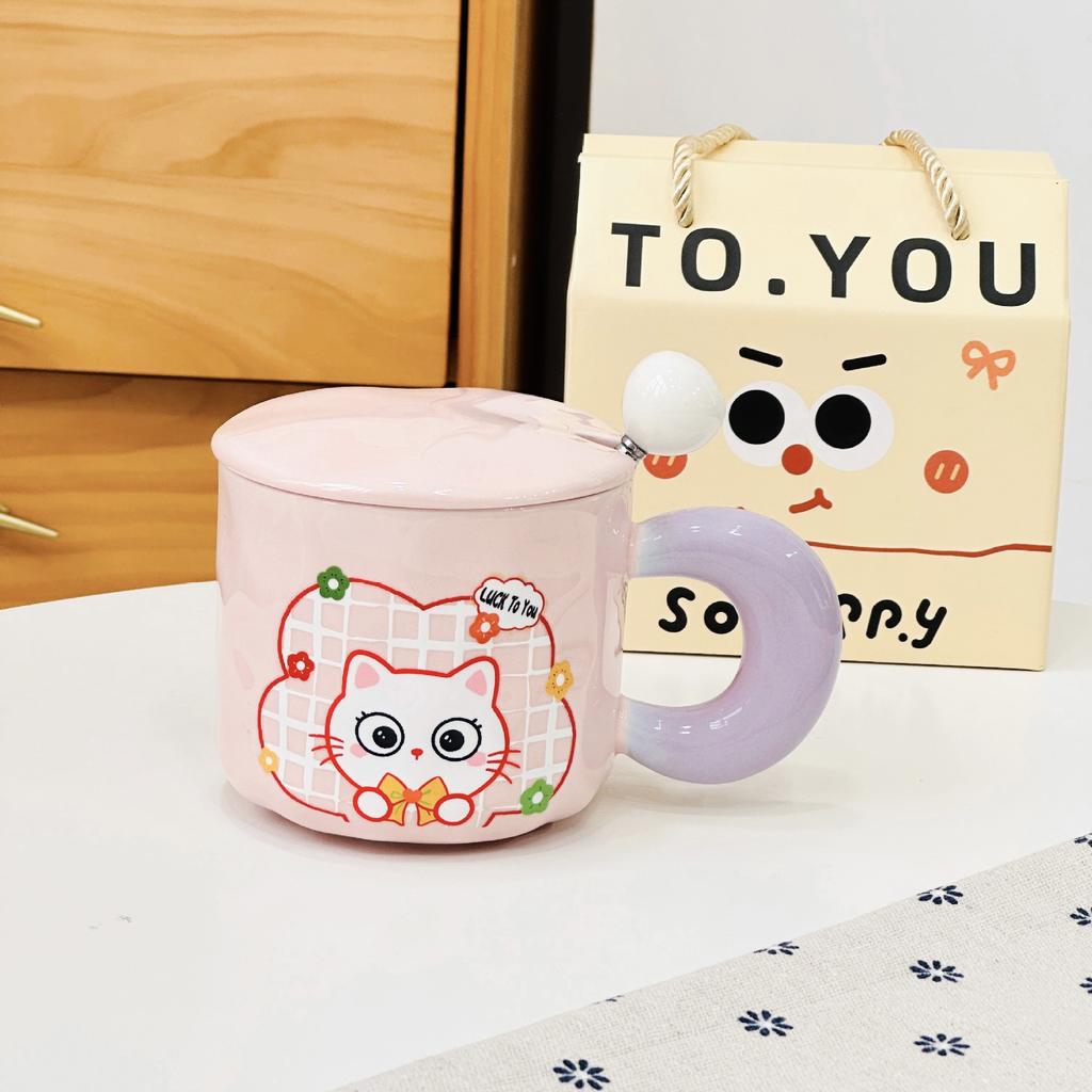Small Fresh Cat Ceramic Cup for Home Use High Value Cartoon Mug with Cover Spoon Wedding Souvenir Gift Cup