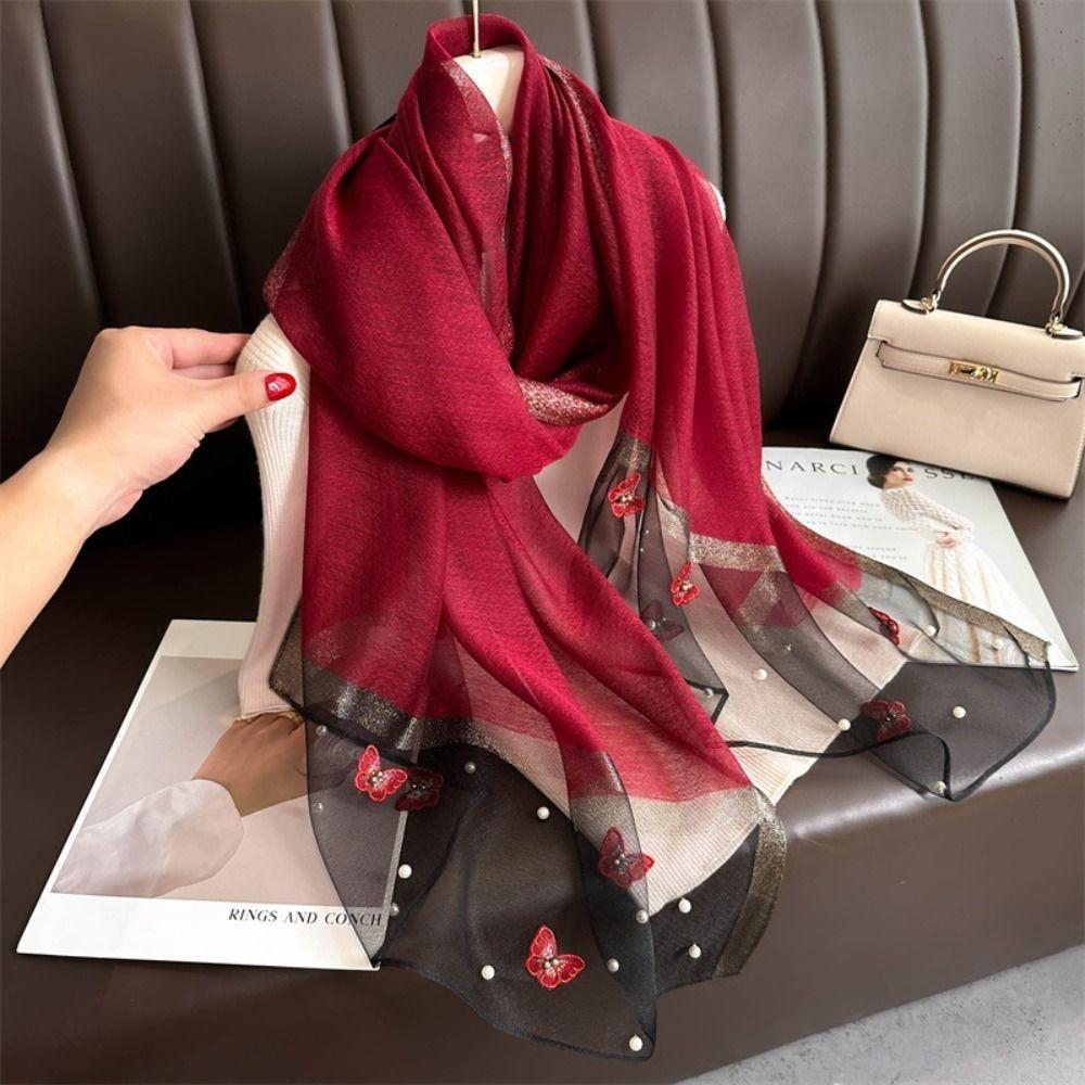 Pearl Silk Scarf Large Women Hijab Shawls Elegant Butterfly Embroidery Scarf Lady