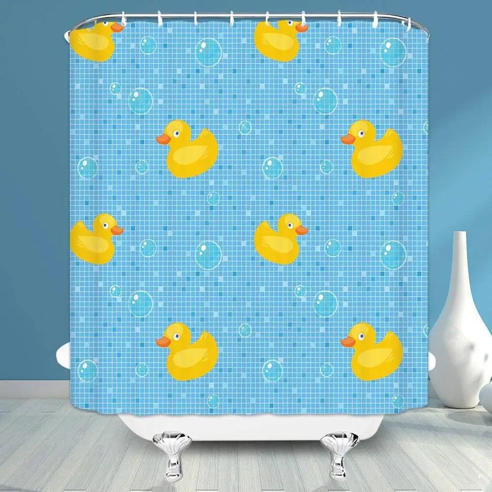Duck Shower Curtain Cartoon Character Taking A Bath Colorful Drops Backdrop Dots,Cloth Fabric Bathroom Curtains with Hooks