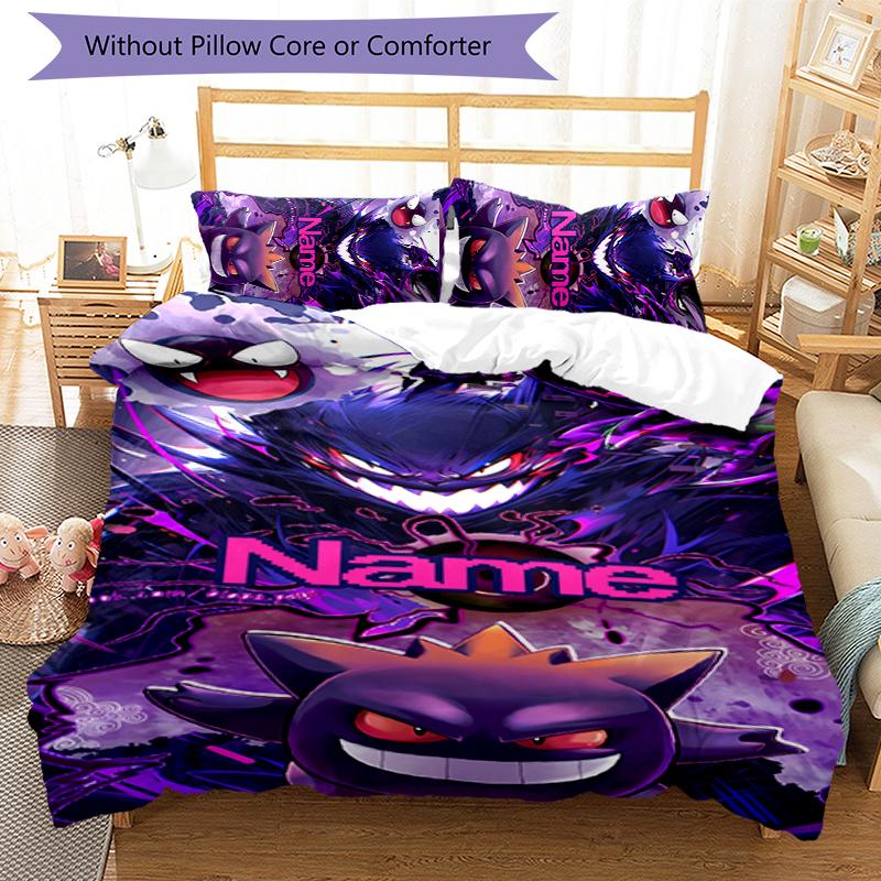 3pcs Custom Name Pokémon Gengar Bedding Set Duvet Cover Closure Includes 1 Duvet Cover & 2 Pillowcases for All Seasons Bedroom Decor