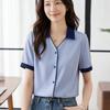 NaVaVa Women S Clean Office Color Block V Neck Collar Short SleeVe Shirt blouSe 