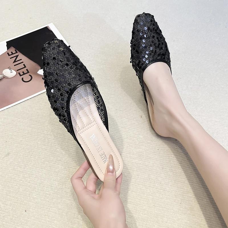 2026 new summer fashion luxury flat heel party shoes flat slip-on casual comfortable ladies diamond slippers