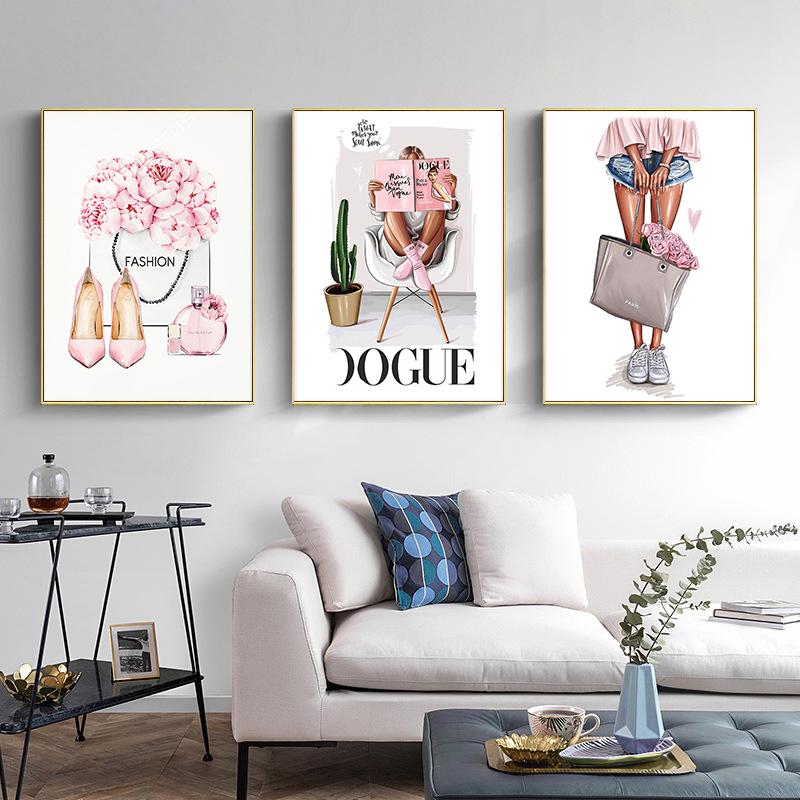 Современное искусство Цветочные женские туфли на высоком каблуке Картина на холсте Минималистичные модные постеры и принты Настенное искусство для украшения комнаты для девочек