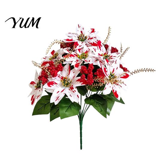Fake Flowers for Outdoor Artificial Poinsettia Flowers, Christmas Floral Berry Centerpiece, Fade-Resistant Lush Porch Landscaping Red And White Plants