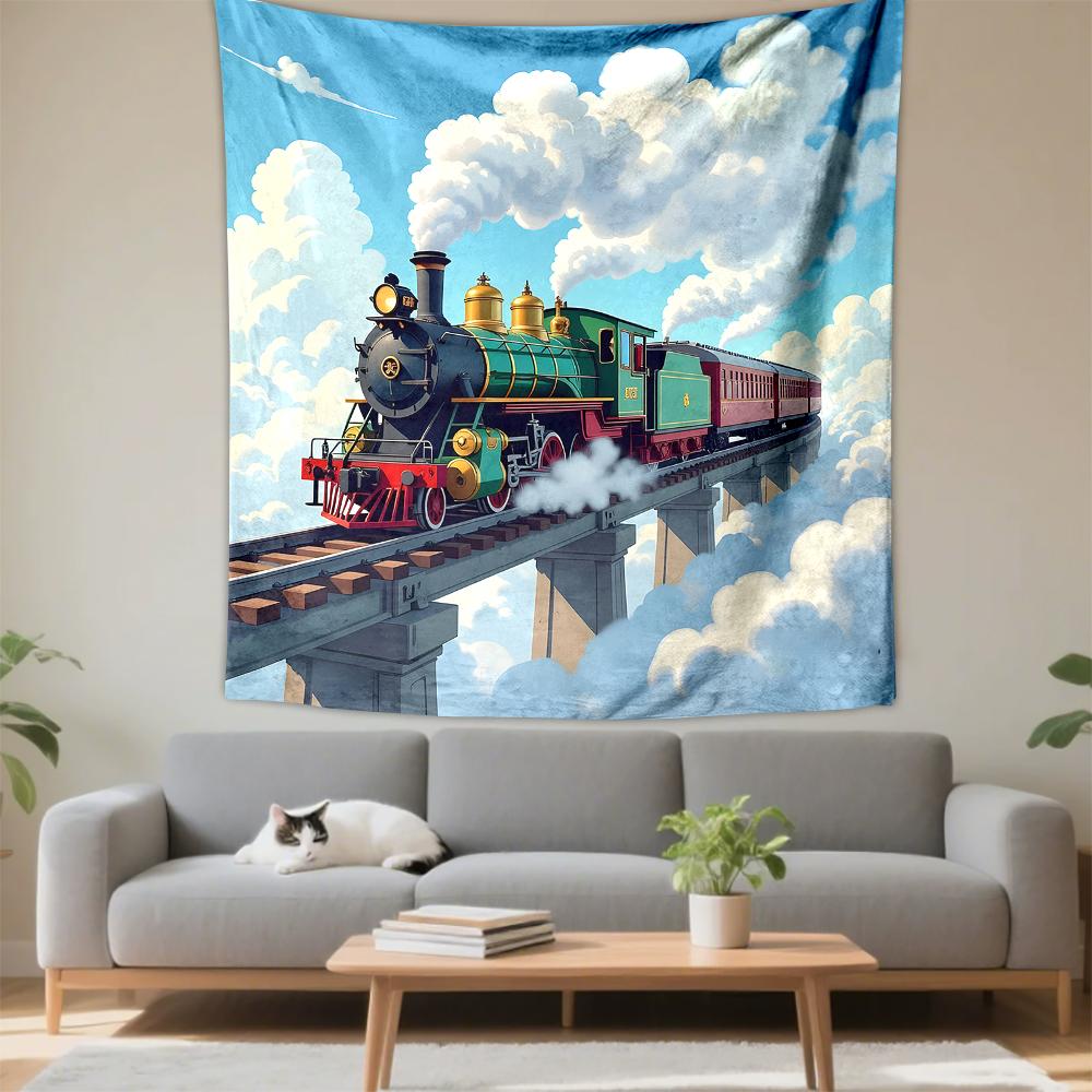 Vertical Tapestry Steam Locomotive Train Elevated Bridge Above Clouds Green Gold Wall Hanging Decor