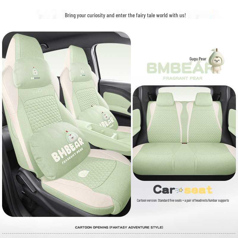 BYD Seagull Cotton & Linen Car Seat Cushions - Full-Coverage, Breathable, Cute Cartoon Design, Perfect for Women, All Seasons.