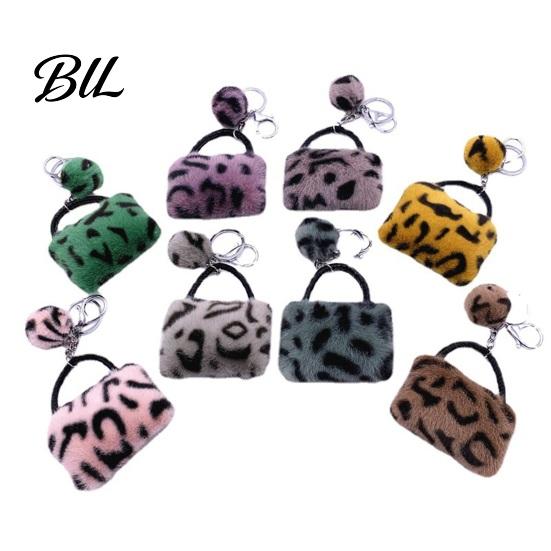 Car Key Chain Leopard Print Plush Handbag Keychain, Mini Bag Ring Pendant School Accessory with Pompom, Backpack Decorative for Women Girls Keychain