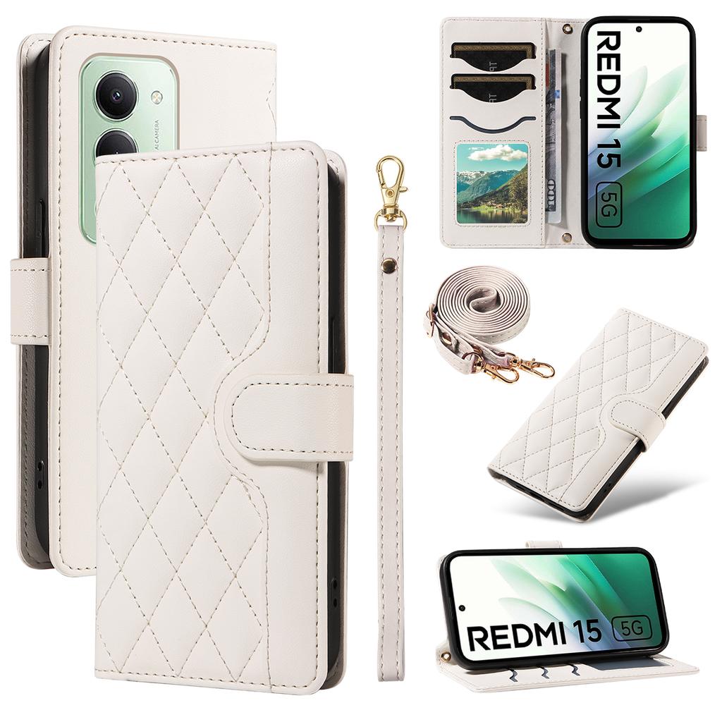 Для Xiaomi Redmi 15 5G (Глобальный) (169 мм) Чехол-кошелек Ромбовидный кожаный чехол для телефона с ремешком