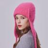 Women Winter Angora Earflaps Hat Warm Fluffy Angora Rabbit Fur Knit Hat Female Thick Fleece Lined