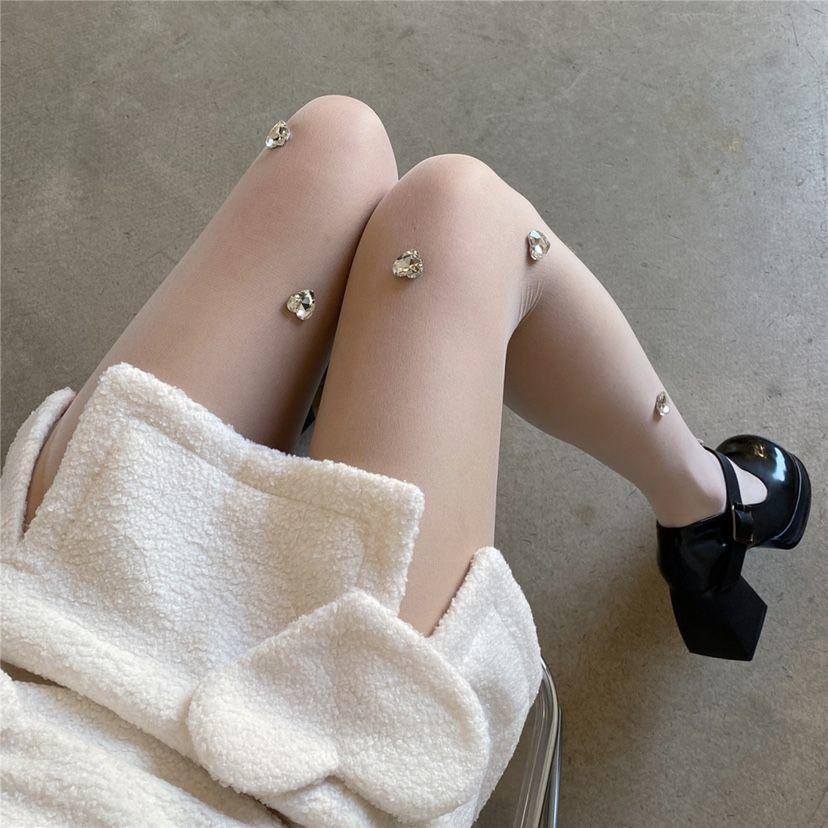Unique Design Handmade Rhinestone Heart Coveralls Socks - Cool & Sweet Thin Exquisite Silk Pantyhose for Women, White Anti - Snag Stockings