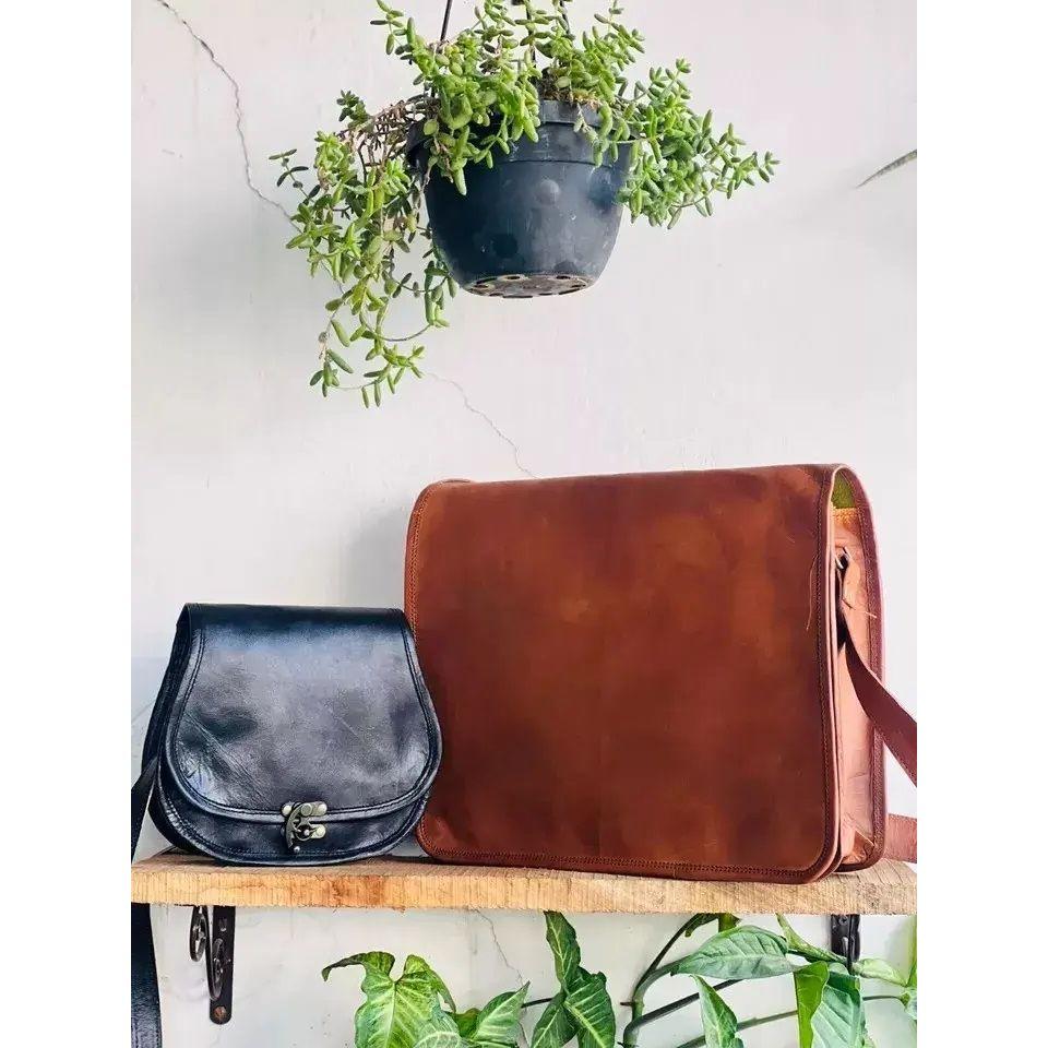 Messenger Goat Leather Brown Shoulder (Free Sling Black Bag Size - 9 X 7 X 3 In )