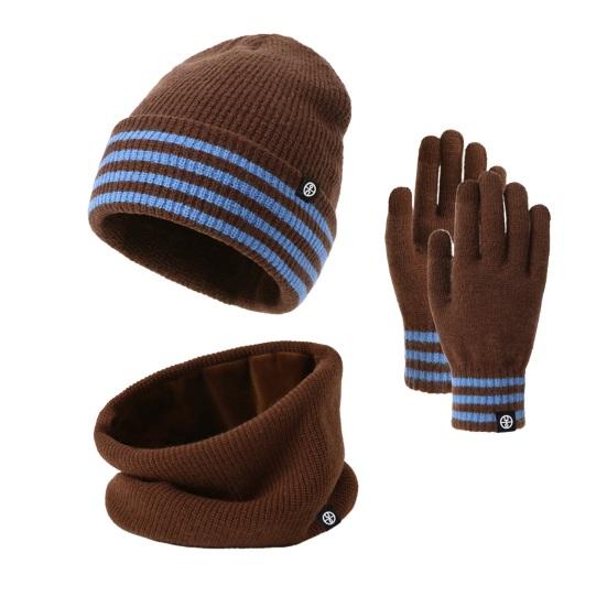 3Pcs/Set Winter Hat Scarf Gloves Set Striped Print Thickened Velvet