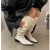 Женские Высокие Сапоги Выше Колена Модные Замшевые Туфли с Острым Носком Осень Зима Толстый Средний Каблук Западные Ковбойские Длинные Сапоги
